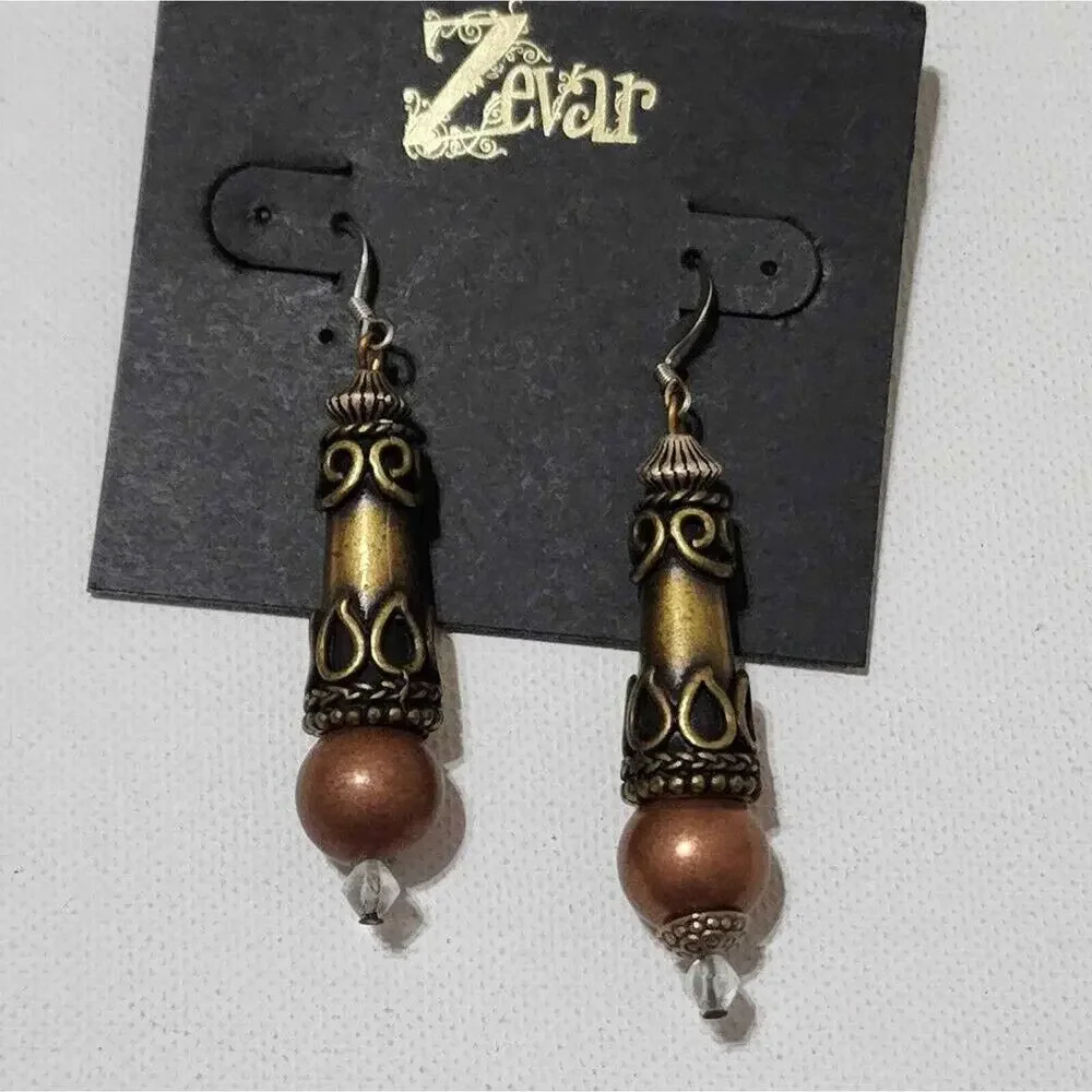 Treska Zevar Antique Gold Filigree Drop Earrings with Copper Bead Crystal Accent